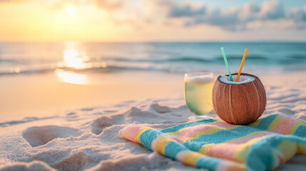 Coconut drink and vibrant towel at a beachside sunset