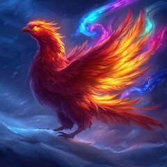 Obraz premium Majestic Phoenix Rising from Snow with Colorful Flames and Wind