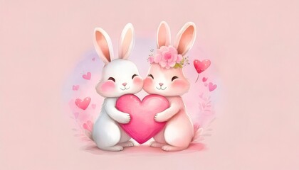 Obraz premium Cute rabbits hugging oversized pink heart, surrounded by floating heart shapes against pastel background, representing tender romantic connection