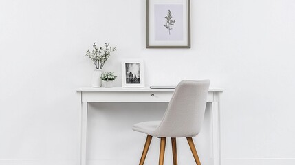 Minimalist white desk with chair and framed photo on wall, elegant simple office decor, natural light, neutral colors, professional photography style, clean composition, modern workspace