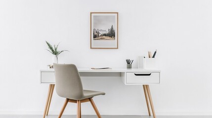 Minimalist white desk with chair and framed photo on wall, elegant simple office decor, natural light, neutral colors, professional photography style, clean composition, modern workspace