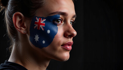 Proud Aussie Aussie flag face paint Woman with Australian flag face paint in profile view