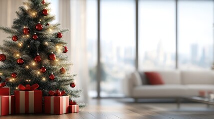 Blurred background on chrismas tree with gift boxes in living room, backdrop