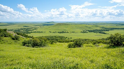 Scenic view of vast green prairie landscape under a partly cloudy sky.
