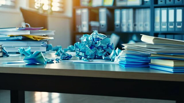 Messy office workspace with crumpled blue paper and scattered documents, showcasing creativity amidst clutter and organized files in busy environment.