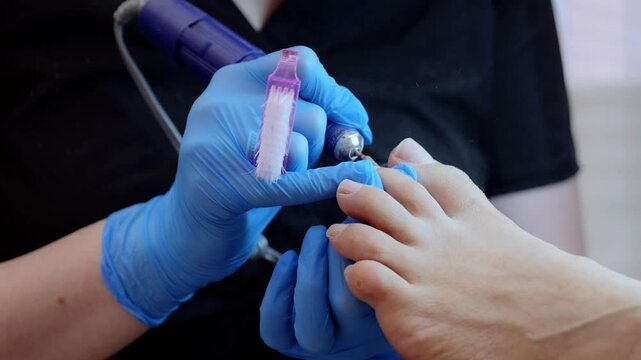 Podiatrist wearing a mask and blue gloves is using an electric nail drill to remove the cuticles from a client's toenails