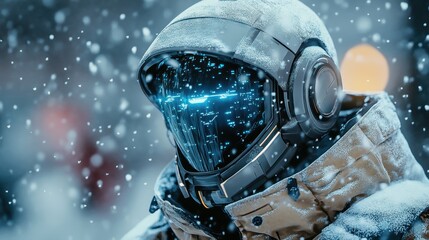 Male Humanoid Robot Wearing Winter Coat in Snow Background by Generative AI illustrations