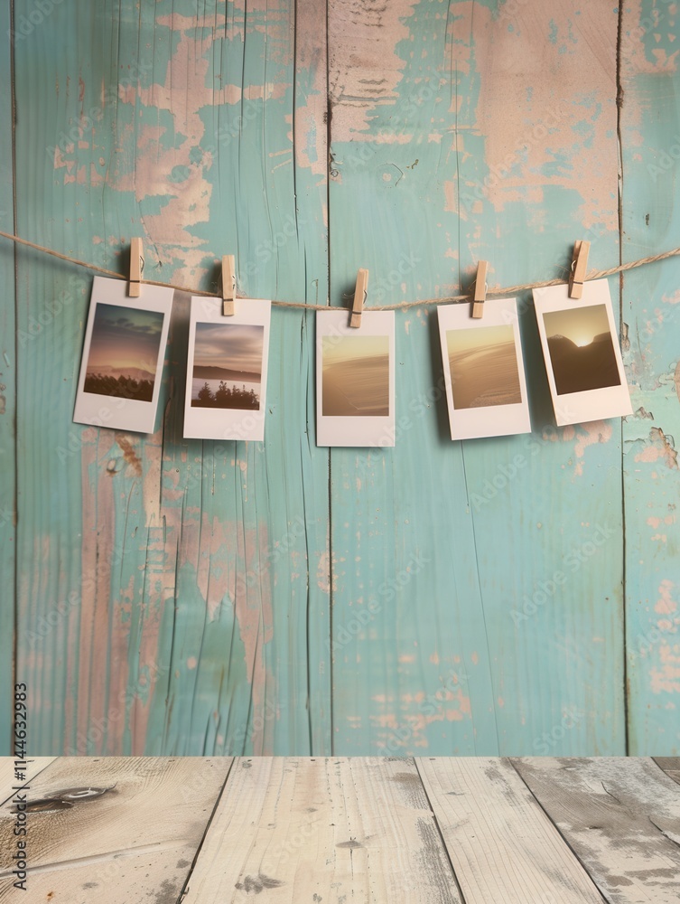 Aufkleber polaroid photographs suspended on a string against a rustic blue wooden background with a natural, c