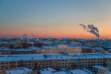 Top view of winter St. Petersburg from the Dumskaya Tower. Beautiful frosty evening.