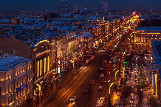 Aerial view of festively decorated Nevsky Prospect from the Dumskaya Tower.