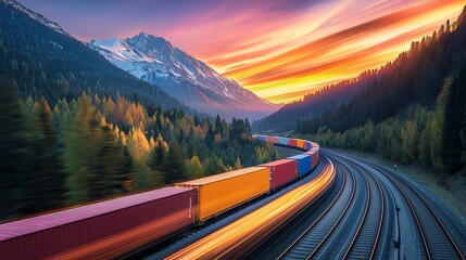 Vibrant Sunset over Mountain Landscape with Freight Train Curving Through Forest and Snow-Capped Peaks, Capturing Nature’s Beauty and Tranquility