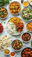 Colorful Spread of Delicious Vegetarian Dishes with Rice, Fresh Herbs, and Accompaniments on a White Marble Tabletop