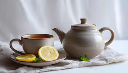 Fototapeta premium Simple Ceramic Teapot with Citrus Garnish and Linen – Fresh Tea Setup for Bright and Inviting Home Decor
