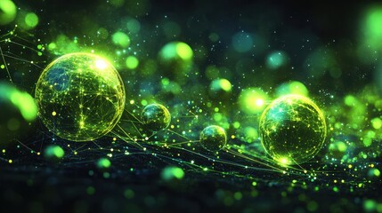 Obraz premium Abstract digital illustration featuring glowing green spheres and dots on a dark background, representing futuristic technology and scientific concepts in 3D