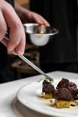 A chef skillfully garnishes a gourmet dish with a delicate herb while plating. The focus is on fine dining, showcasing creativity and attention to detail in a restaurant setting.