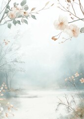 Watercolor background of floral element,minimalistic and elegant,tree branches frame,banner