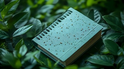 A green book with a spiral binding sits on a leafy green bush