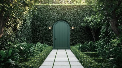 Obraz premium Secluded green door in lush garden.