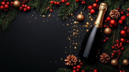 New Year or Chrismas card design on black background,the champagne is opened, the bottle stopper comes out with a golden flash,flat illustration,leave space to the text design