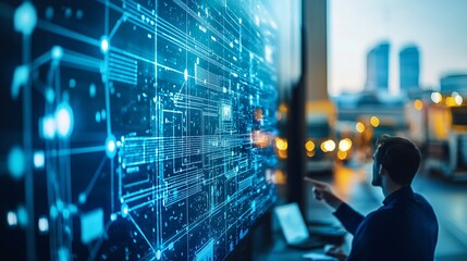 Obraz premium Young professional engaged in high-tech data analysis while interacting with digital interface on a large screen in an urban environment at dusk with office buildings in the background