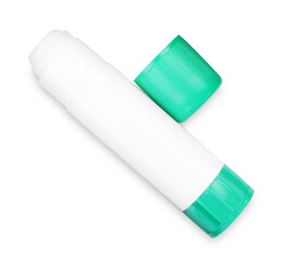 One glue stick and cap isolated on white, top view