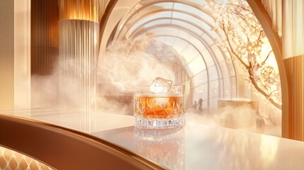 Whiskey cocktail smoke premium spirit. A luxurious bottle of whiskey rests on a sleek surface, surrounded by ethereal mist and elegant architectural elements, creating a serene atmosphere.