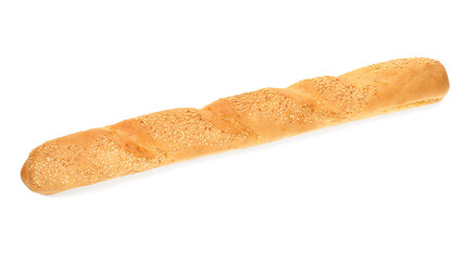 One fresh baguette with sesame isolated on white, top view