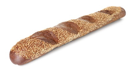 One fresh baguette with sesame isolated on white