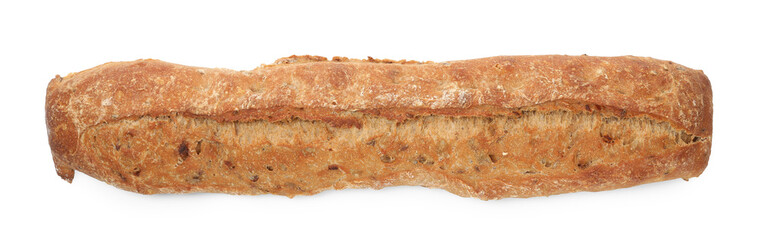One freshly baked baguette isolated on white, top view