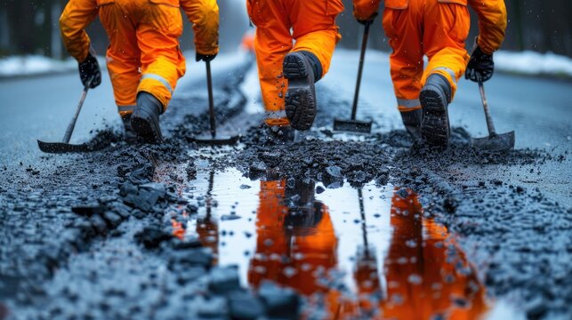 Workers in orange suits repairing a road with tools, reflecting a focused industry effort.
