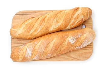 Freshly baked baguettes isolated on white, top view