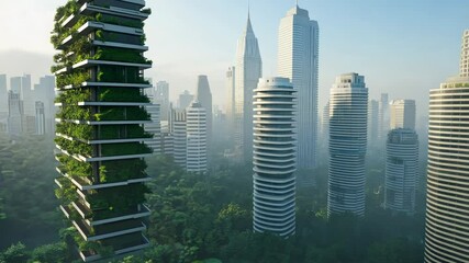 Innovative urban eco architecture showcases greenery and contemporary design. Sustainable development in a prosperous urban environment