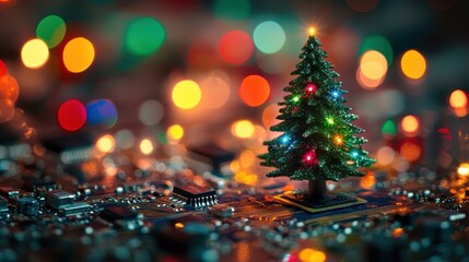 Miniature christmas tree standing on a circuit board surrounded by colorful lights
