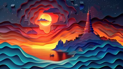 Enchanting surreal landscape with a majestic castle silhouetted against a vibrant dramatic sunset sky  A small boat floats on a serene swirling river amidst ethereal