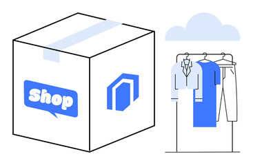 Cardboard package with shop text and logo, beside a clothing rack with various garments. Ideal for online shopping, e-commerce, apparel, fashion delivery, retail marketing, logistics, and wardrobe