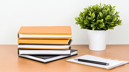 A neat workspace featuring stacked notebooks, a notepad, and a decorative plant, creating a serene and organized study environment.