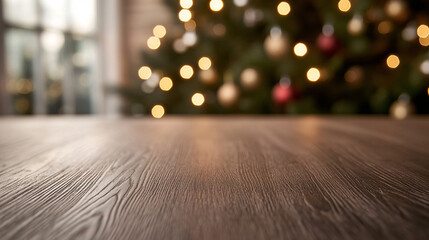 A rustic wooden table with a close-up view of its intricate wood grain, set against a dreamy, defocused Christmas tree background. The tree sparkles with colorful ornaments and twinkling lights,