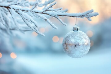 Beautifully Frosted Christmas Ornament on Branch