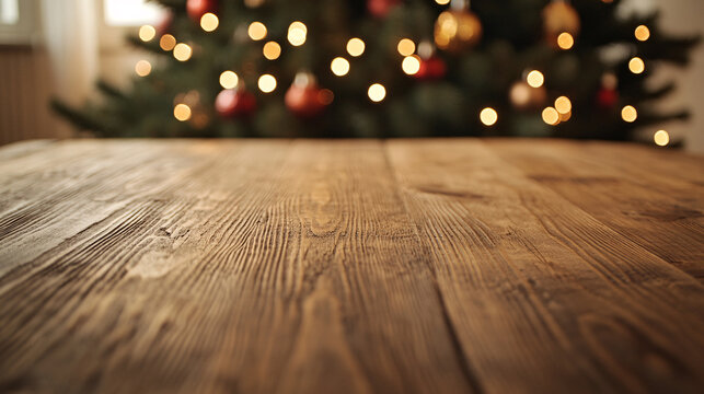 A rustic wooden table with a close-up view of its intricate wood grain, set against a dreamy, defocused Christmas tree background. The tree sparkles with colorful ornaments and twinkling lights,