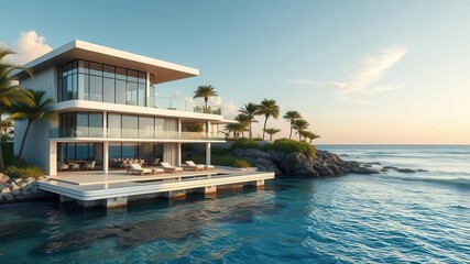 Obraz premium Luxurious oceanfront property with modern seaside architecture overlooking the beach and crystal clear waters, oceanfront, seaside