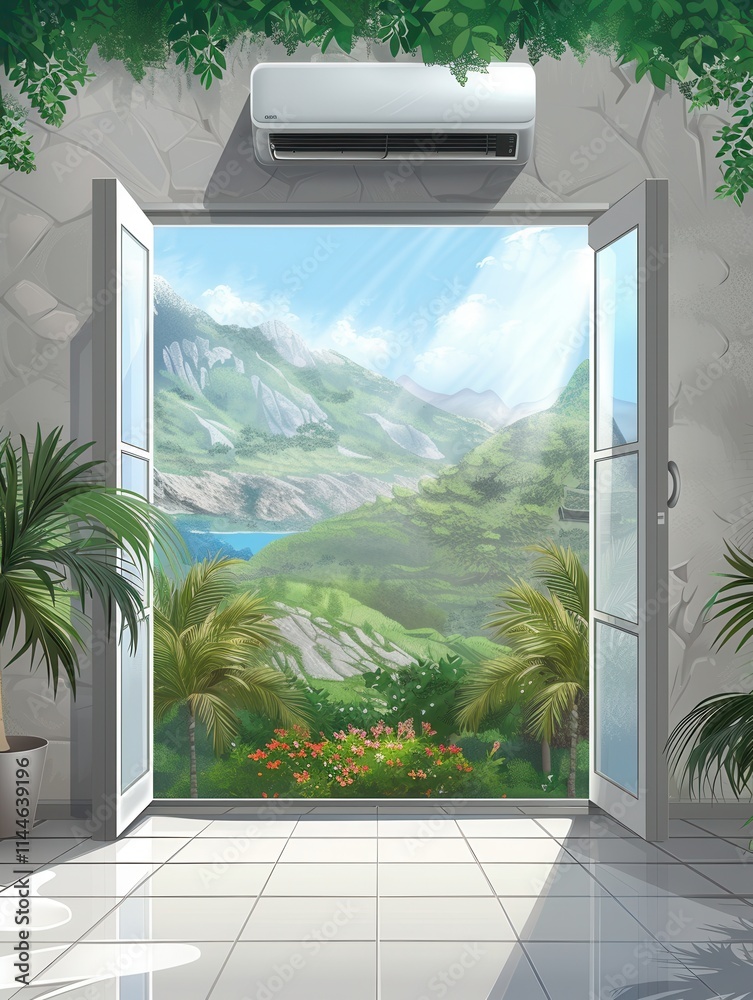 Poster air conditioner mounted on wall beside open window with view of lush landscape and bright sky during