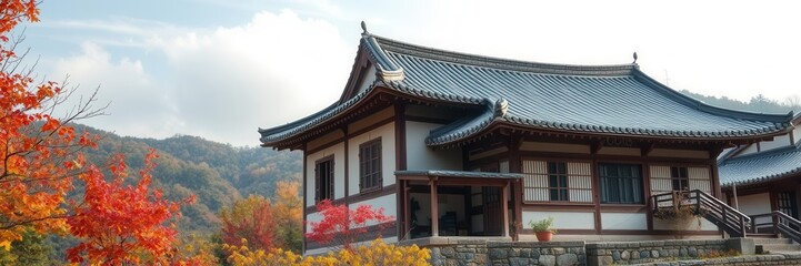 Fototapeta premium Traditional Korean tile-roofed house with vibrant autumn foliage surrounding it, showcasing the beauty of the fall season in South Korea, nature, travel, house