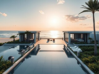 Fototapeta premium Luxurious beachfront property with modern architecture overlooking the ocean, exterior, beachfront
