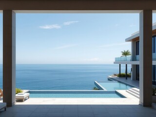 Fototapeta premium Luxurious oceanfront property with stunning seaside views and modern architecture, horizon, sea