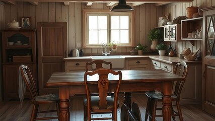 Vintage Provence kitchen with rustic wooden dining table, antique chairs, farmhouse sink, and country decor, wooden, kitchen, farmhouse sink