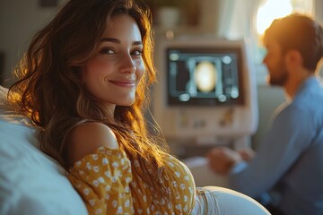 Pregnant woman smiling during ultrasound session in warm natural light