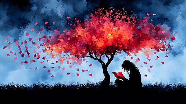 Watercolor painting of a poet writing under a blooming tree with petals forming words in the air for World Poetry Day