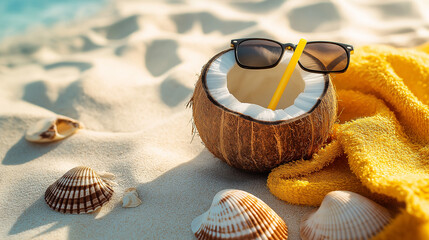 Coconut shell with sunglasses and seashells on a sandy beach with a vibrant yellow towel