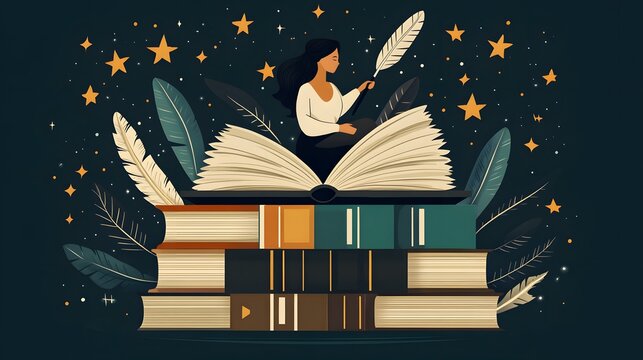 Flat vector banner featuring a hand holding a quill, surrounded by stars and books for World Poetry Day