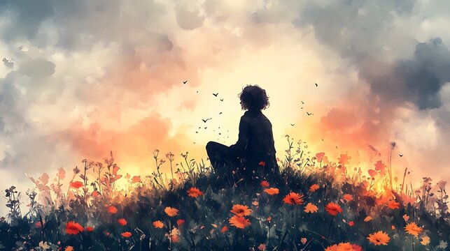 Watercolor painting of a poet sitting on a hill at sunset with verses forming in the clouds for World Poetry Day